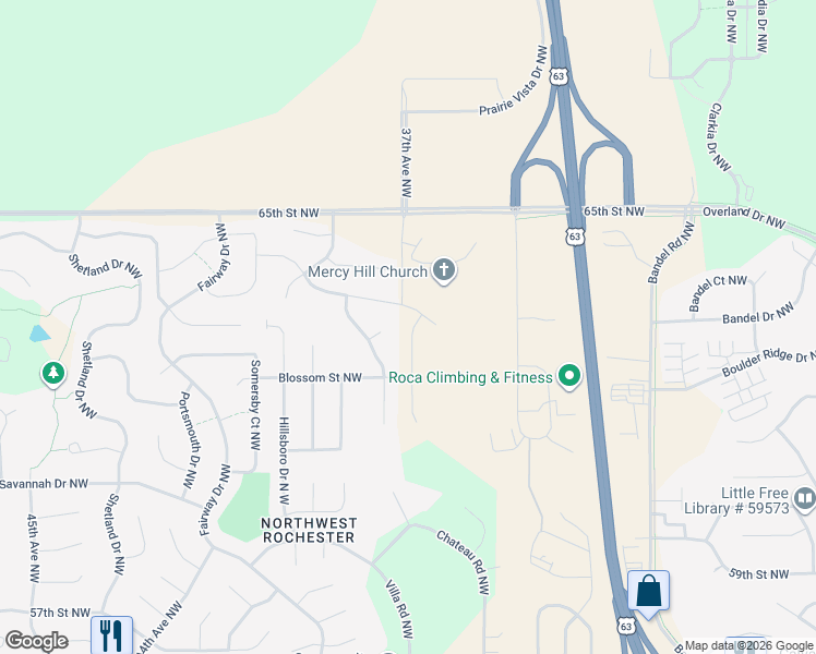 map of restaurants, bars, coffee shops, grocery stores, and more near 3704 Winesap Drive Northwest in Rochester
