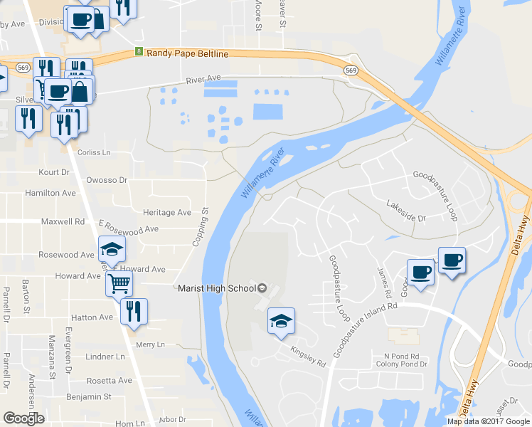 map of restaurants, bars, coffee shops, grocery stores, and more near 2840 Riverwalk Loop in Eugene