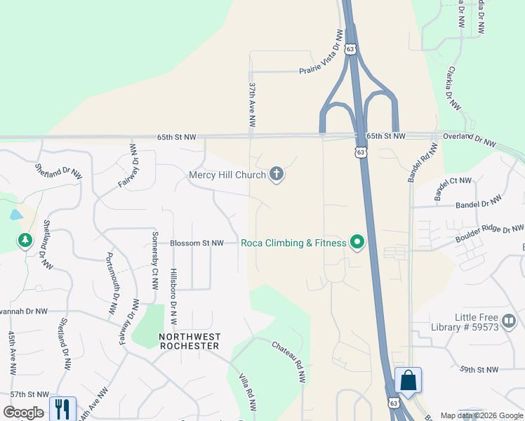 map of restaurants, bars, coffee shops, grocery stores, and more near 3704 Winesap Drive Northwest in Rochester