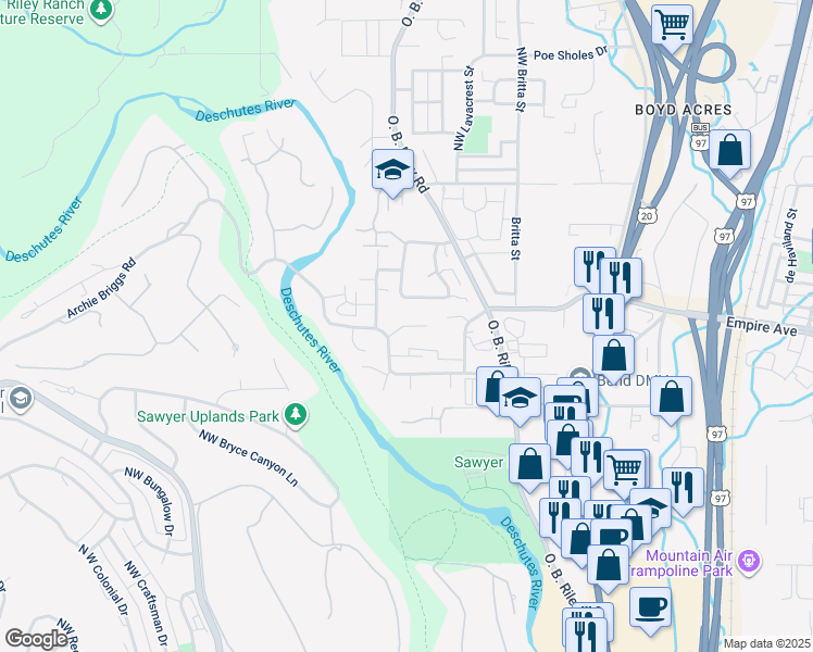 map of restaurants, bars, coffee shops, grocery stores, and more near 20215 Star Ridge Court in Bend