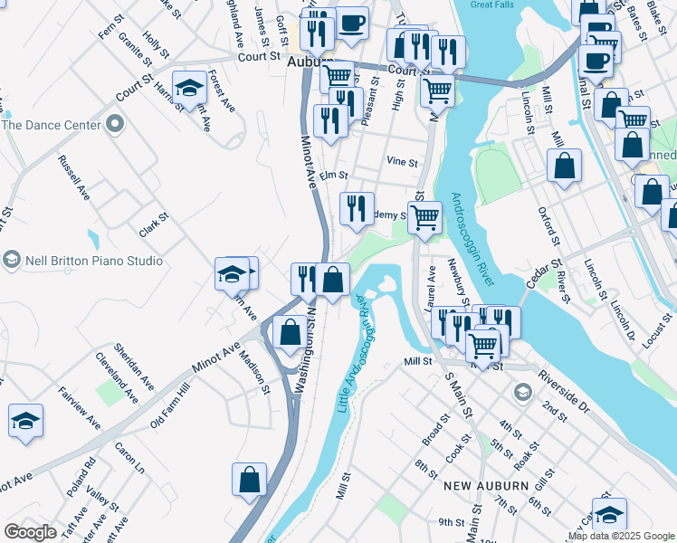 map of restaurants, bars, coffee shops, grocery stores, and more near 204 Minot Avenue in Auburn