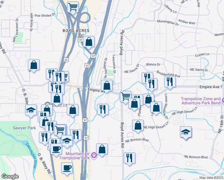 map of restaurants, bars, coffee shops, grocery stores, and more near 20539 Gloucester Lane in Bend
