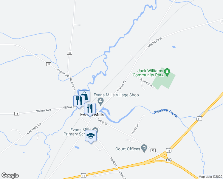 map of restaurants, bars, coffee shops, grocery stores, and more near 8761 North Main Street in Evans Mills