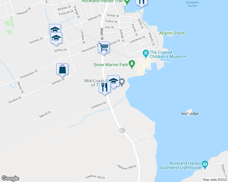 map of restaurants, bars, coffee shops, grocery stores, and more near 1 Main Street in Rockland