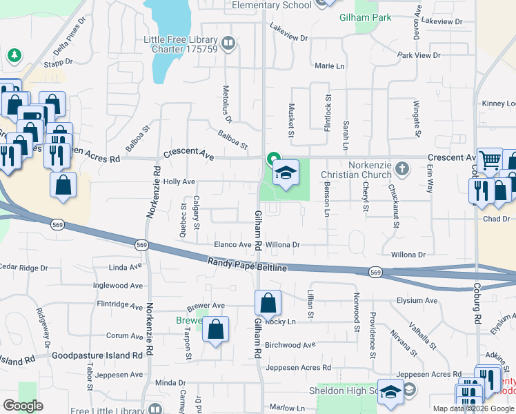 map of restaurants, bars, coffee shops, grocery stores, and more near 2630 Gilham Road in Eugene