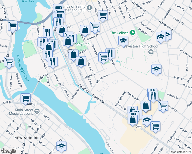 map of restaurants, bars, coffee shops, grocery stores, and more near 336 Bates Street in Lewiston