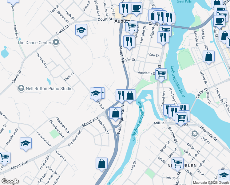 map of restaurants, bars, coffee shops, grocery stores, and more near 15 Cushman Place in Auburn