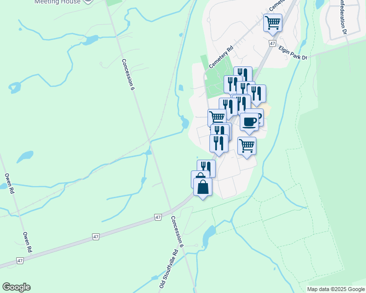 map of restaurants, bars, coffee shops, grocery stores, and more near 164 Cemetery Road in Uxbridge