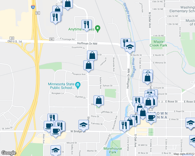 map of restaurants, bars, coffee shops, grocery stores, and more near 592 Adams Avenue in Owatonna