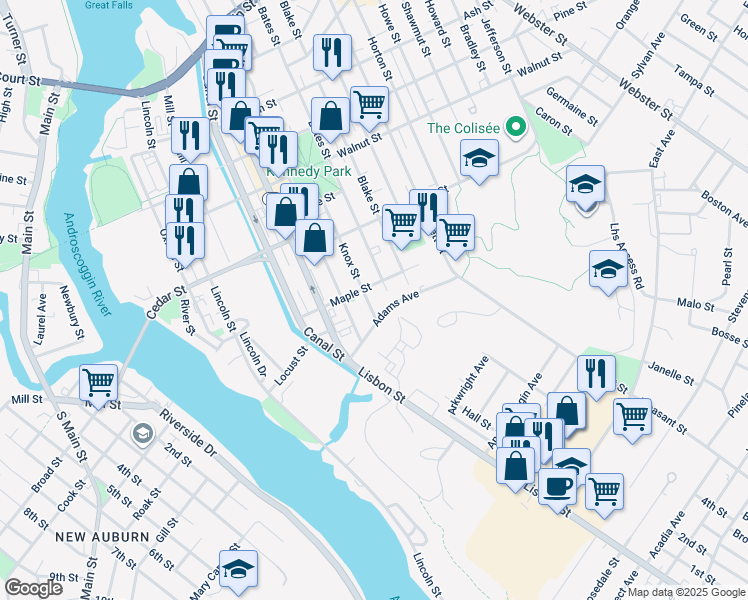 map of restaurants, bars, coffee shops, grocery stores, and more near 94 Knox Street in Lewiston