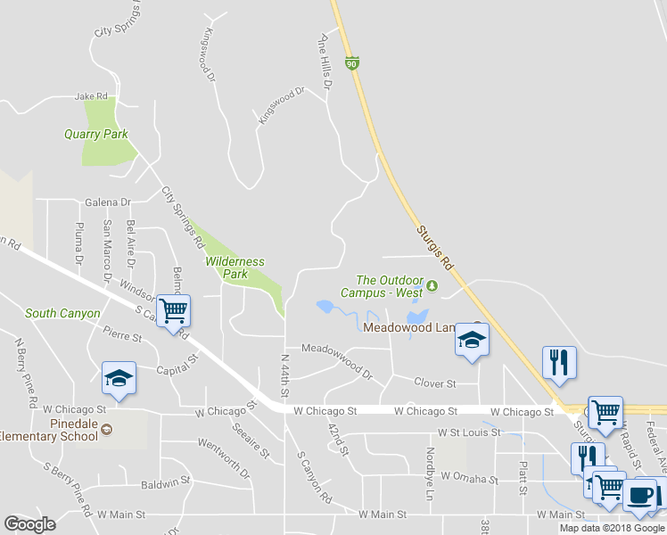 map of restaurants, bars, coffee shops, grocery stores, and more near 800 Meadowwood Drive in Rapid City