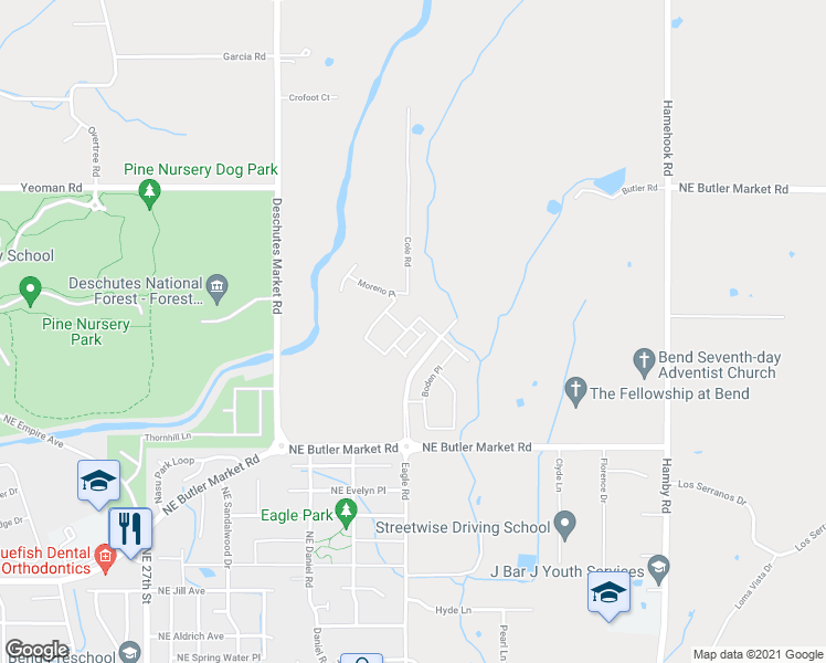 map of restaurants, bars, coffee shops, grocery stores, and more near 63110 Cole Road in Bend