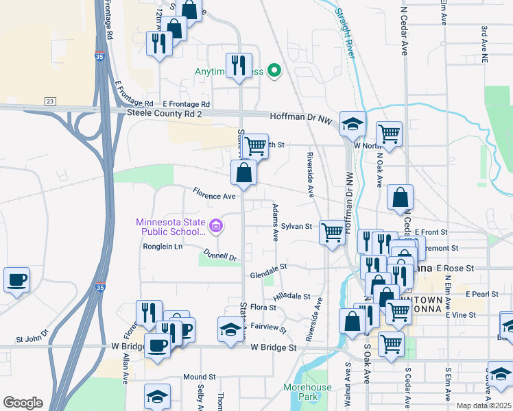 map of restaurants, bars, coffee shops, grocery stores, and more near 595 Adams Avenue in Owatonna