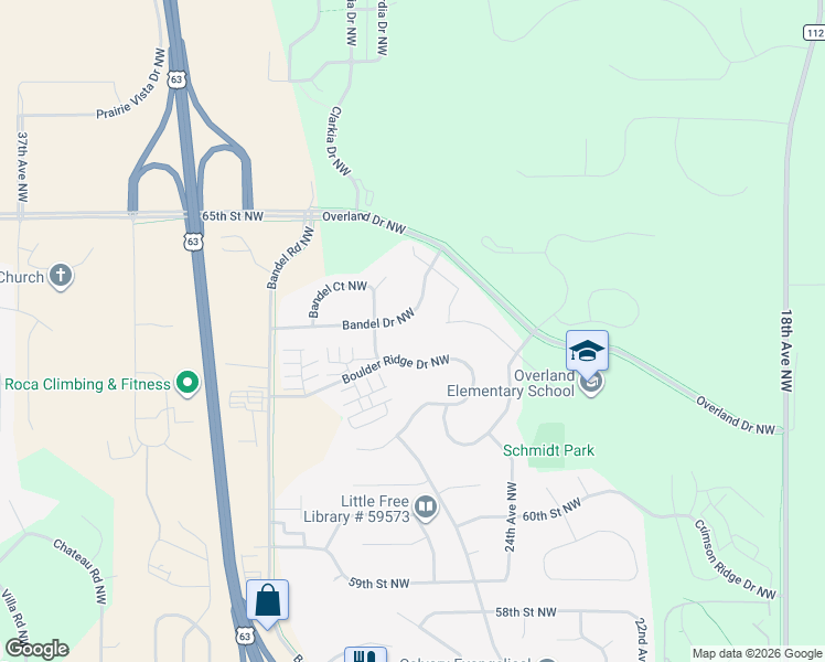 map of restaurants, bars, coffee shops, grocery stores, and more near 2724 Bandel Drive Northwest in Rochester