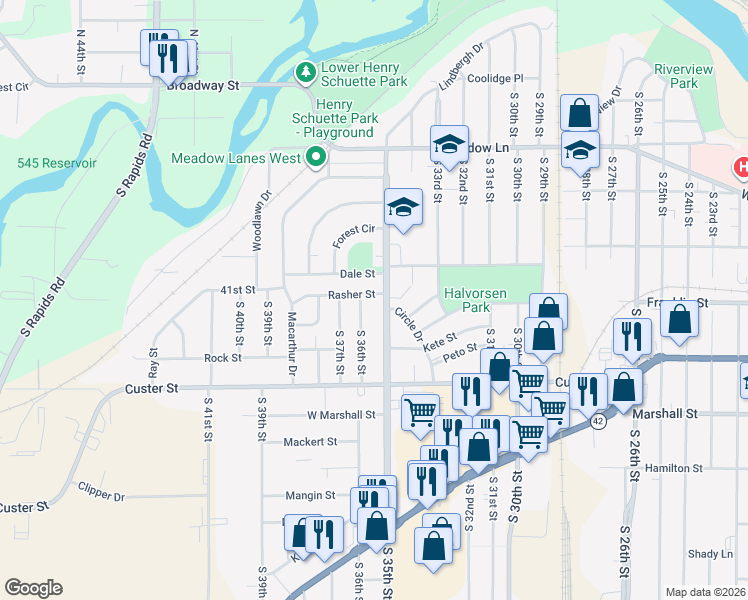 map of restaurants, bars, coffee shops, grocery stores, and more near 90 Rasher Street in Manitowoc
