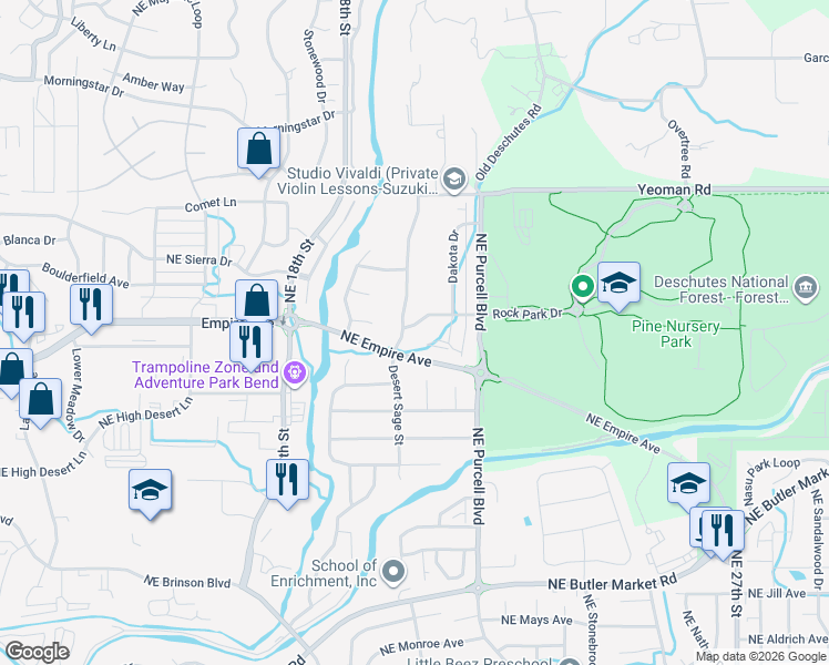 map of restaurants, bars, coffee shops, grocery stores, and more near 20957 Rock Park Drive in Bend
