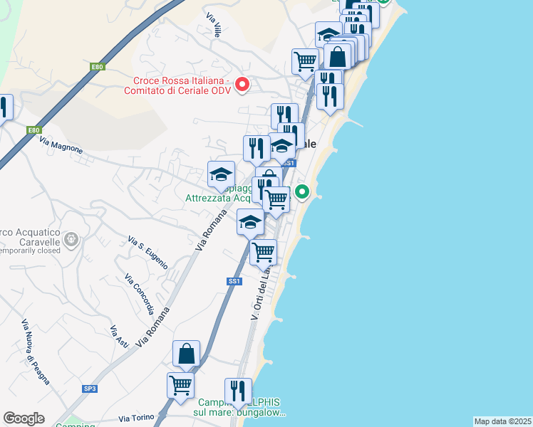 map of restaurants, bars, coffee shops, grocery stores, and more near 93 Strada Statale 1 in Ceriale