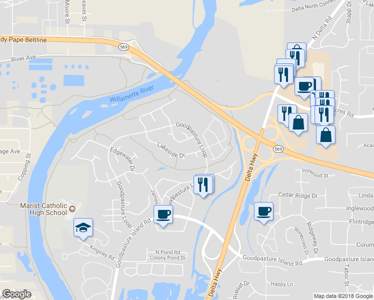 map of restaurants, bars, coffee shops, grocery stores, and more near 3409 Lakeside Drive in Eugene