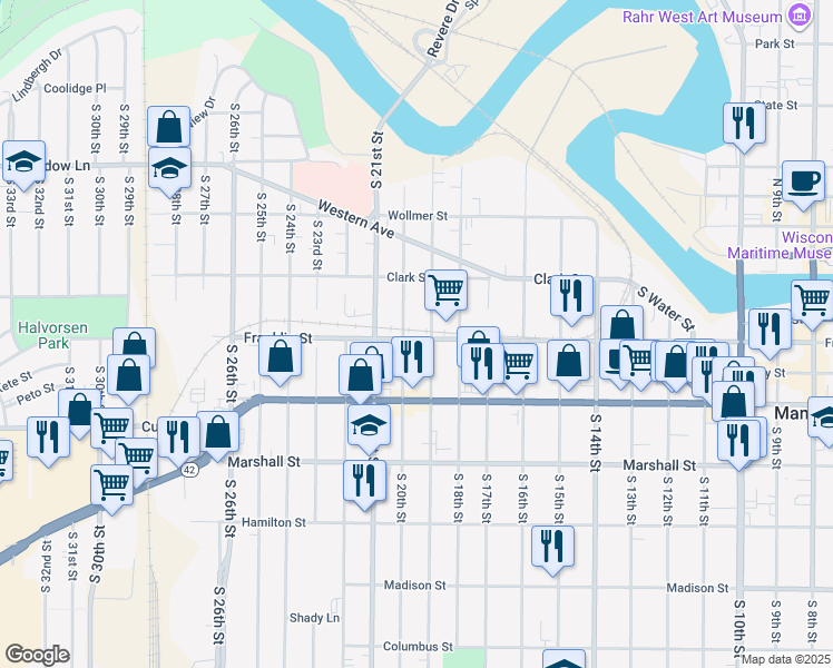 map of restaurants, bars, coffee shops, grocery stores, and more near 1910 Franklin Street in Manitowoc