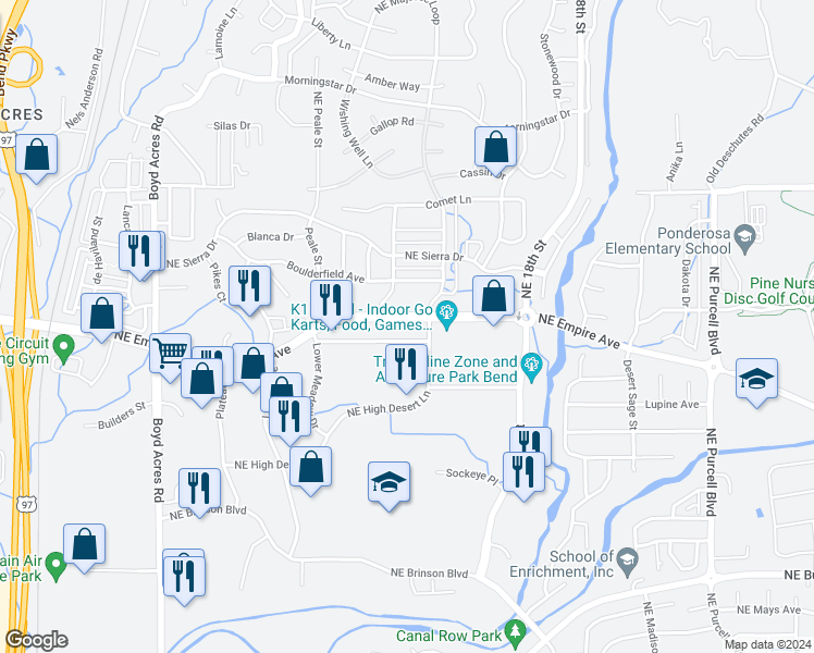 map of restaurants, bars, coffee shops, grocery stores, and more near 20794 Northeast High Desert Lane in Bend