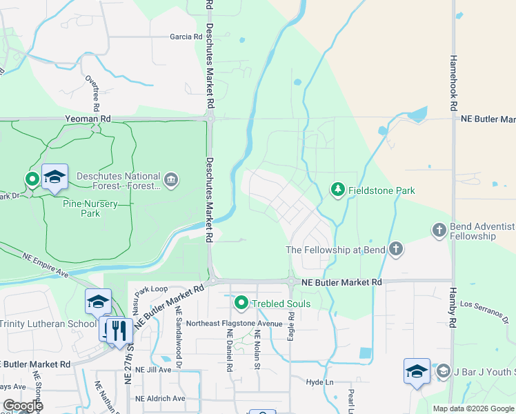 map of restaurants, bars, coffee shops, grocery stores, and more near 63109 Cole Road in Bend