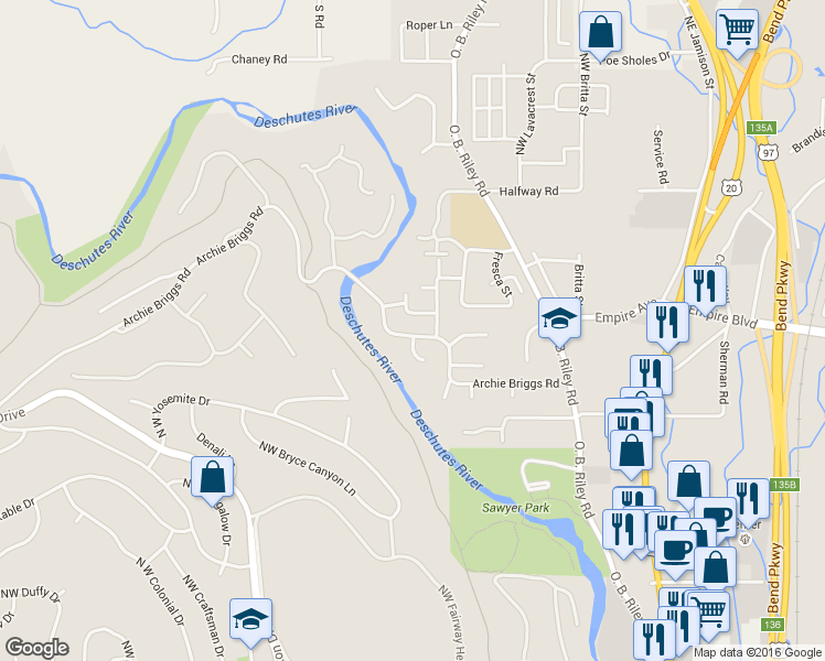 map of restaurants, bars, coffee shops, grocery stores, and more near 63075 Angler Avenue in Bend