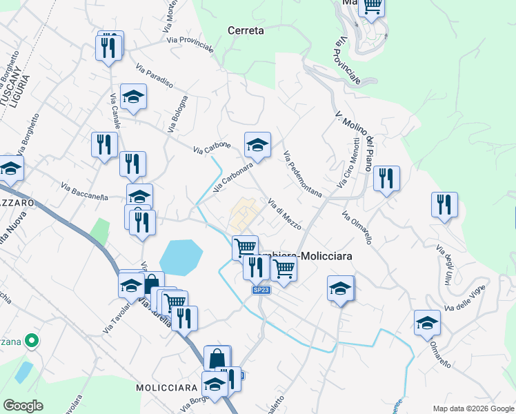map of restaurants, bars, coffee shops, grocery stores, and more near 47 Via di Mezzo in Colombiera-molicciara