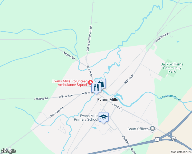 map of restaurants, bars, coffee shops, grocery stores, and more near 8746 Factory Street in Evans Mills