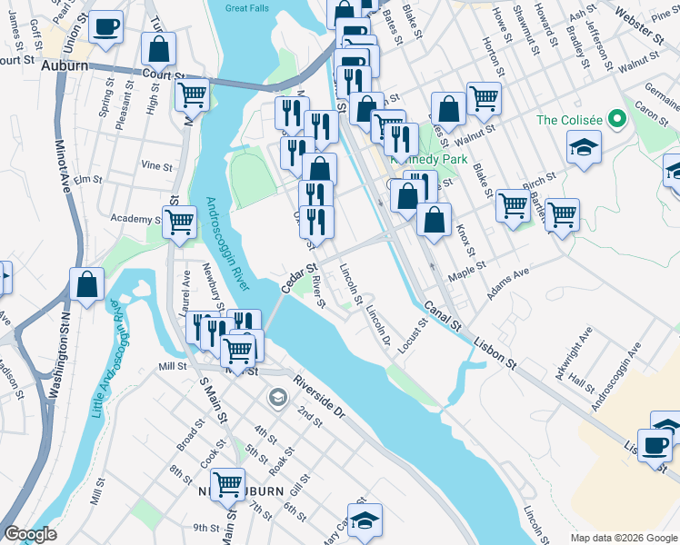 map of restaurants, bars, coffee shops, grocery stores, and more near 221 Lincoln Street in Lewiston