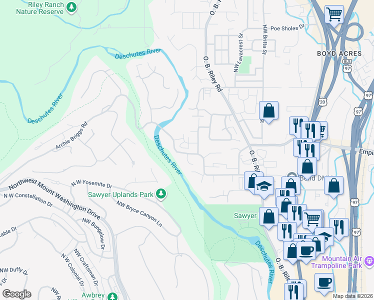 map of restaurants, bars, coffee shops, grocery stores, and more near 63075 Angler Avenue in Bend