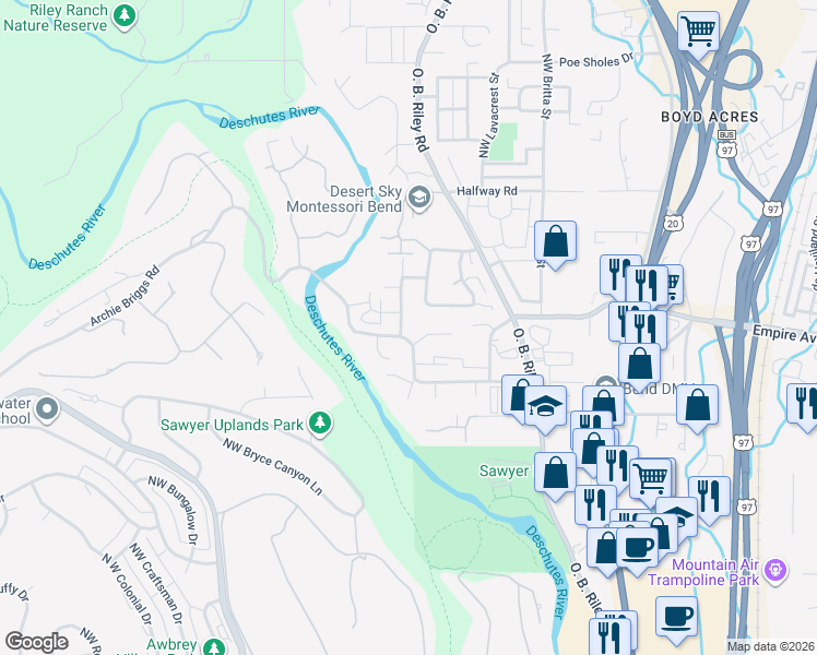 map of restaurants, bars, coffee shops, grocery stores, and more near 63098 Riverstone Drive in Bend