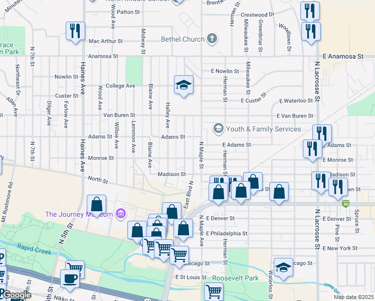 map of restaurants, bars, coffee shops, grocery stores, and more near 715 Holcomb Avenue in Rapid City