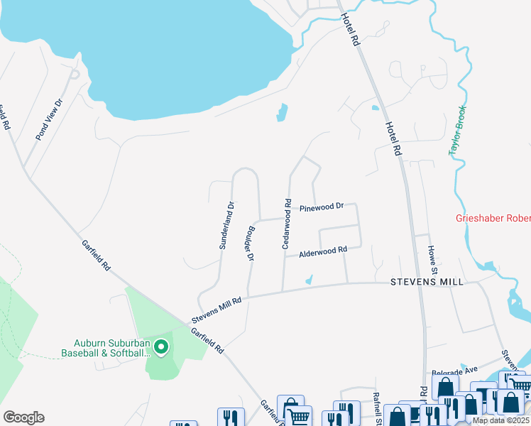 map of restaurants, bars, coffee shops, grocery stores, and more near 9 Sunderland Drive in Auburn