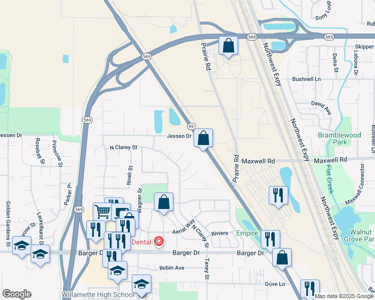 map of restaurants, bars, coffee shops, grocery stores, and more near 4029 North Clarey Street in Eugene