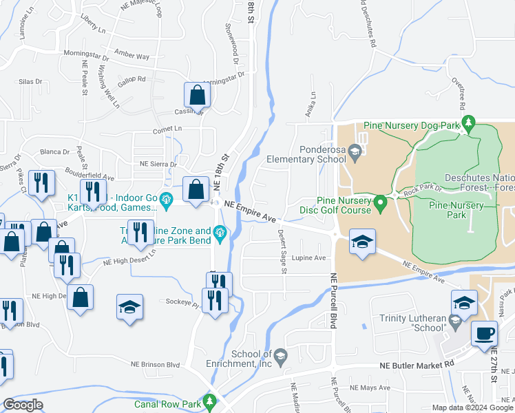 map of restaurants, bars, coffee shops, grocery stores, and more near 20915 Blue Bush Court in Bend