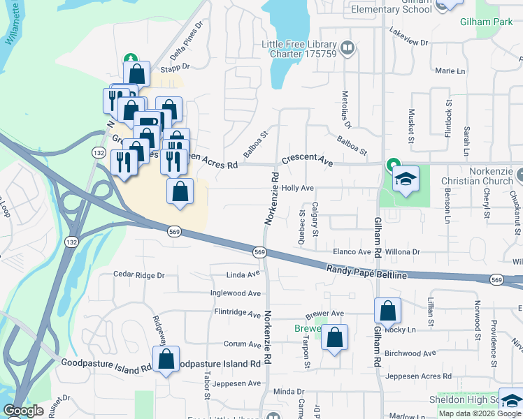 map of restaurants, bars, coffee shops, grocery stores, and more near 1580 Acacia Avenue in Eugene