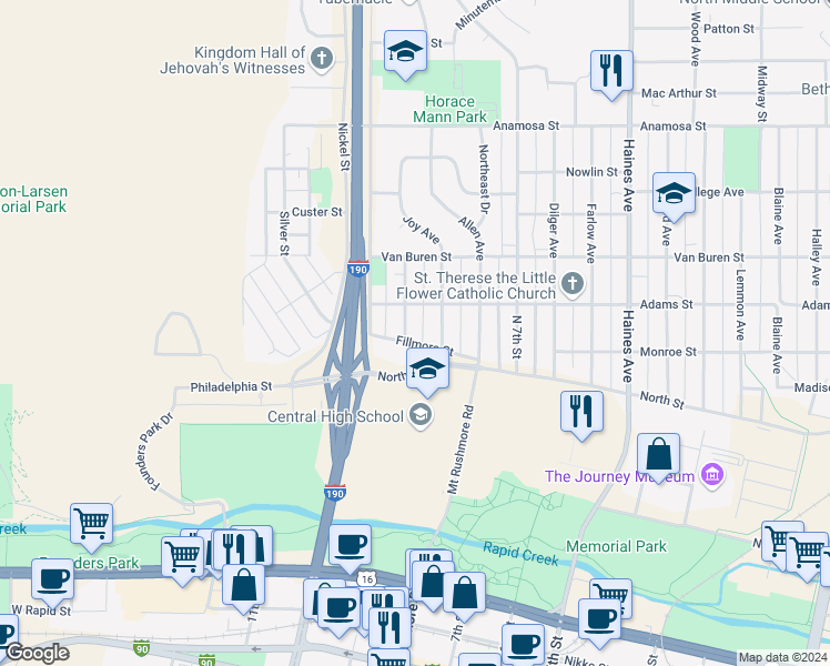 map of restaurants, bars, coffee shops, grocery stores, and more near 709 Joy Avenue in Rapid City
