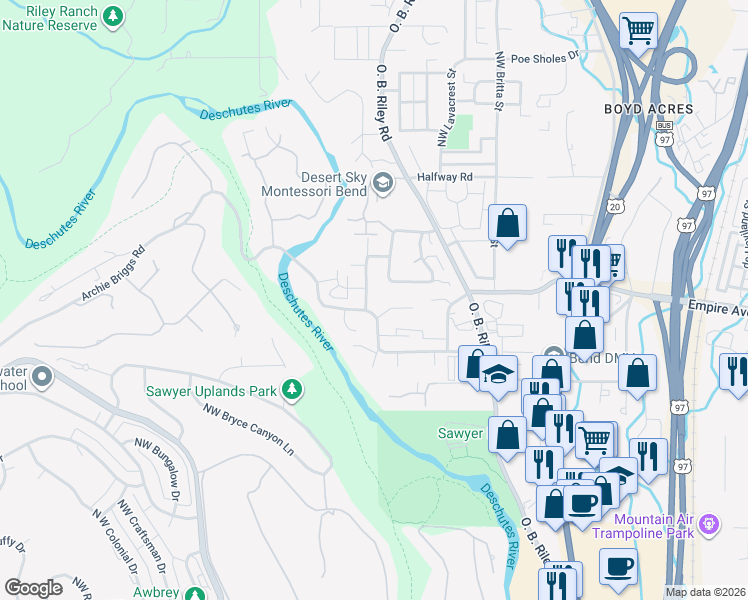 map of restaurants, bars, coffee shops, grocery stores, and more near 63098 Riverstone Drive in Bend