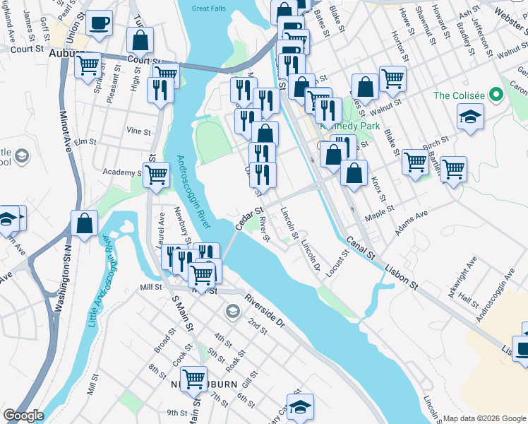 map of restaurants, bars, coffee shops, grocery stores, and more near in Lewiston