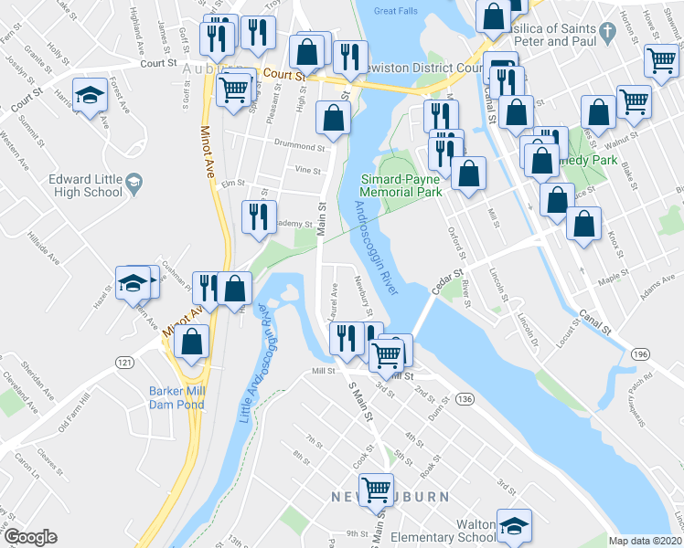 map of restaurants, bars, coffee shops, grocery stores, and more near 5 Laurel Avenue in Auburn