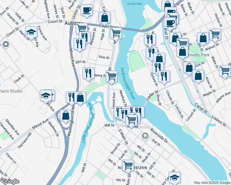 map of restaurants, bars, coffee shops, grocery stores, and more near 5 Laurel Avenue in Auburn