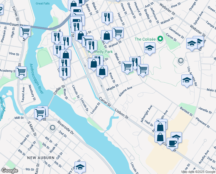 map of restaurants, bars, coffee shops, grocery stores, and more near 269 Park Street in Lewiston