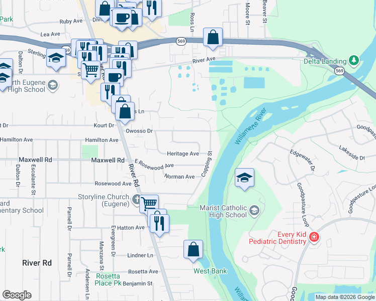 map of restaurants, bars, coffee shops, grocery stores, and more near 315 Heritage Avenue in Eugene