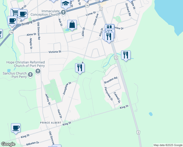 map of restaurants, bars, coffee shops, grocery stores, and more near 51 Robin Trail in Port Perry