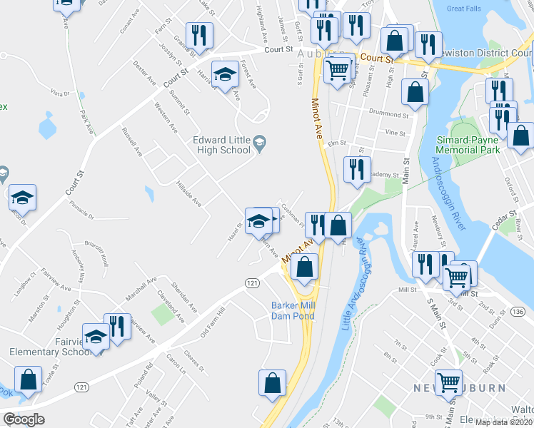 map of restaurants, bars, coffee shops, grocery stores, and more near 25 Dell Court in Auburn