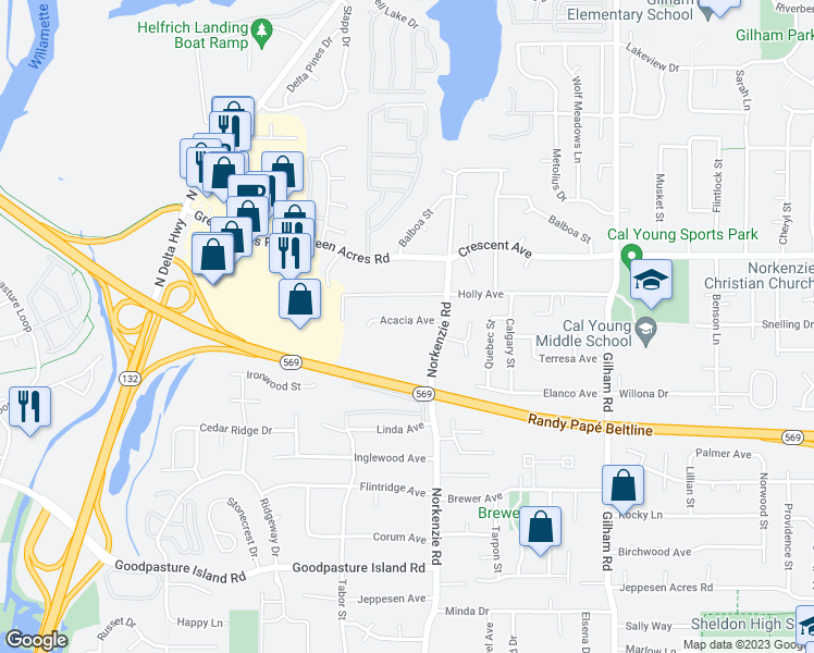 map of restaurants, bars, coffee shops, grocery stores, and more near 1540 Acacia Avenue in Eugene