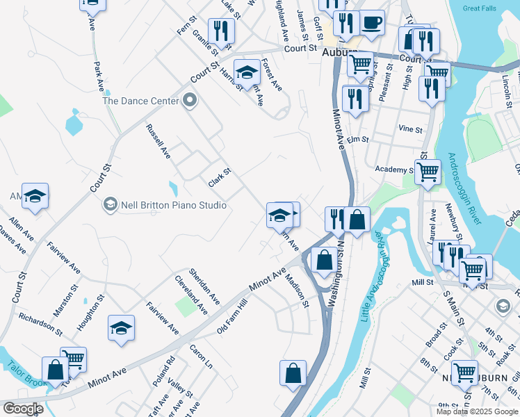 map of restaurants, bars, coffee shops, grocery stores, and more near 97 Western Avenue in Auburn
