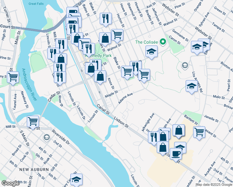 map of restaurants, bars, coffee shops, grocery stores, and more near 88 Knox Street in Lewiston