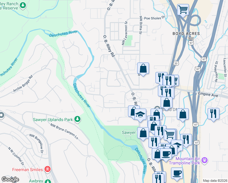 map of restaurants, bars, coffee shops, grocery stores, and more near 20226 Star Ridge Court in Bend