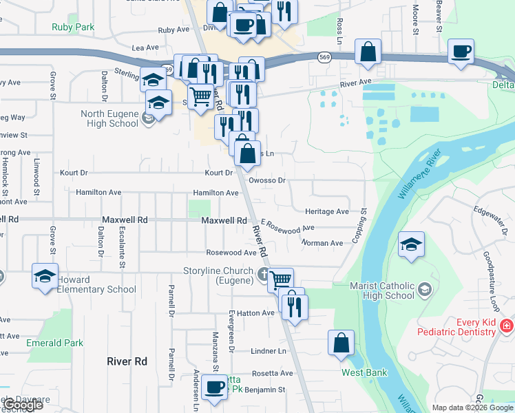map of restaurants, bars, coffee shops, grocery stores, and more near 1709 River Road in Eugene
